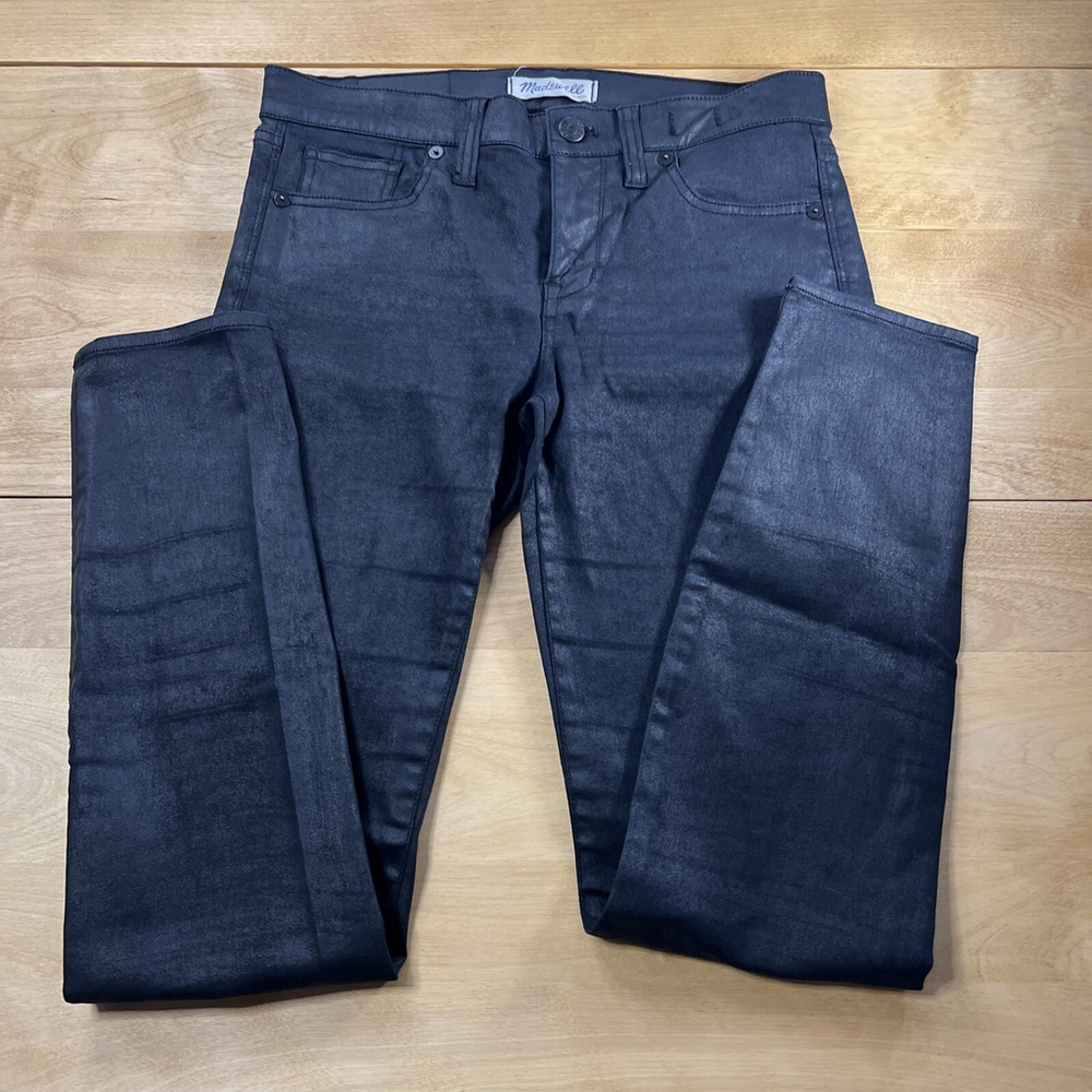 Madewell Black Shiny Skinny Jeans Jeggings Zippers Size 27 (30x28) EUC